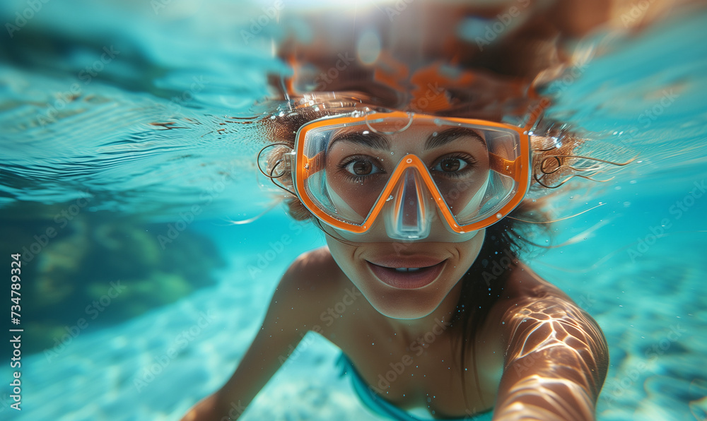 Underwater View of Woman with Snorkeling Mask in Tropical Ocean in summer, perfect summertime
