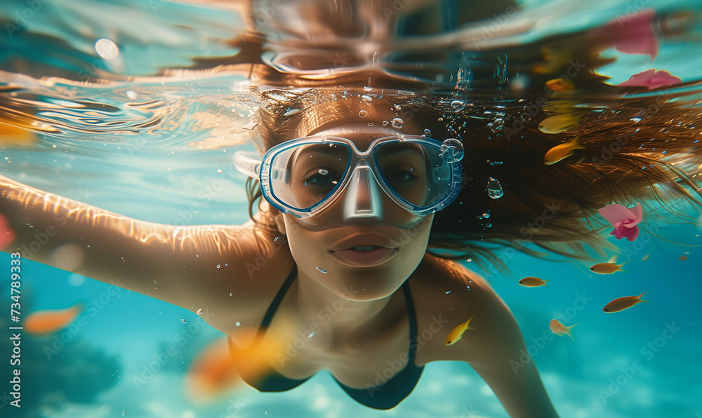 Fototapeta premium Underwater View of Woman with Snorkeling Mask in Tropical Ocean in summer, perfect summertime 