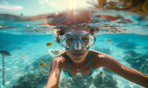 Underwater View of Woman with Snorkeling Mask in Tropical Ocean in summer, perfect summertime  © augenperspektive