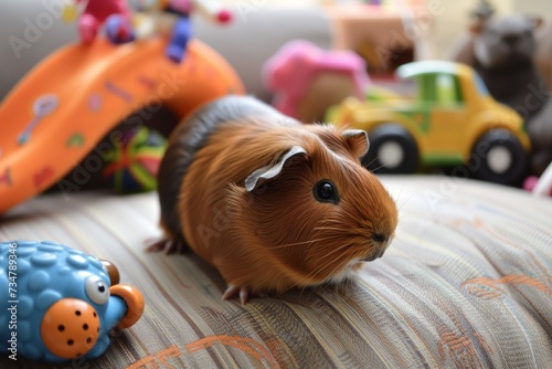 guinea pig on a couch cushion, surrounded by toys photo