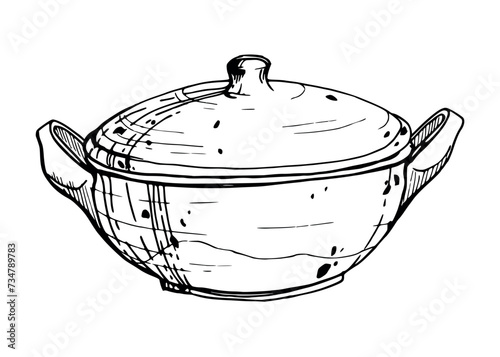 Hand drawn ink vector illustration, handmade traditional clay pottery ceramic vase. Single object isolated on white background. Design travel, vacation, brochure, print, cafe restaurant menu, shop