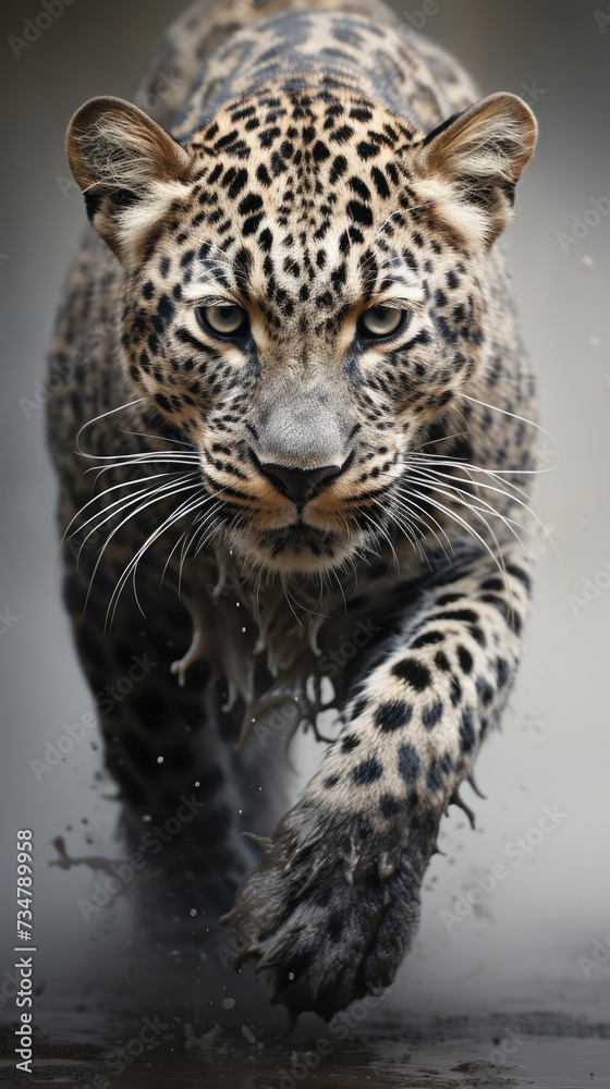 A dramatic leopard is walking in a dynamic pose in ivory graphite color as it rains created with Generative AI Technology 