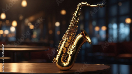 A saxophone stands out on the table of a jazz venue. Invitation to celebrate Jazz International Day. photo