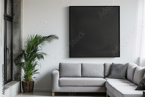 horizontal image of an interior space with a nice angular sofa an a big empty black frame hanging on a white wall. Generative AI photo
