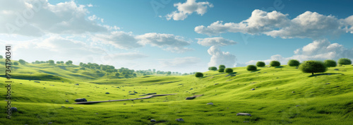 a wide expanse of lush green grassland landscape meadow with clear skies, clouds, and mountains in the distance created with Generative AI Technology