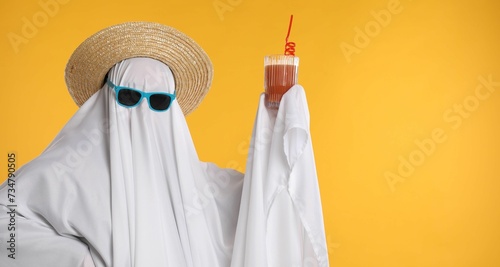 Person in ghost costume, sunglasses and straw hat holding glass of drink on yellow background, space for text