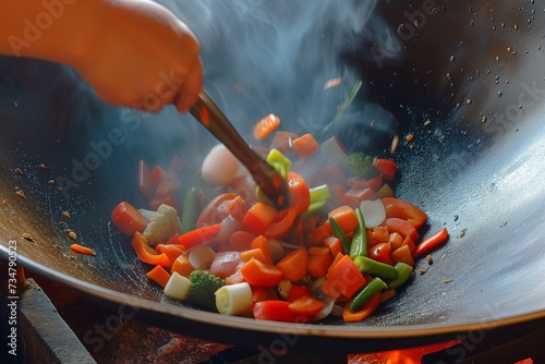 hand tossing vegetables in a professional wok photo