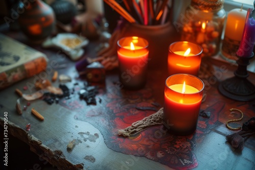 psychic dressing candles for a ritual on the desk