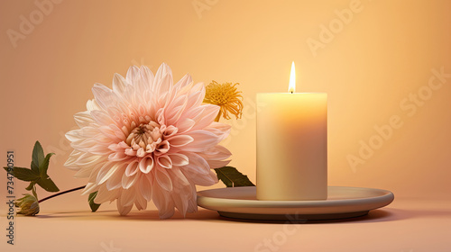 Lighted aromatic candles are placed on a wooden cream colored circular platform and pink Chrysanthemum flowers all around on a light pink background created with Generative AI Technology