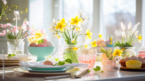 Easter dinner table setting with traditional food and spring flowers for Easter celebration. Greeting card.