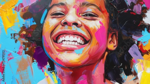 A vibrant painting featuring a smiling girl with thick brush strokes, bursting with color and joy