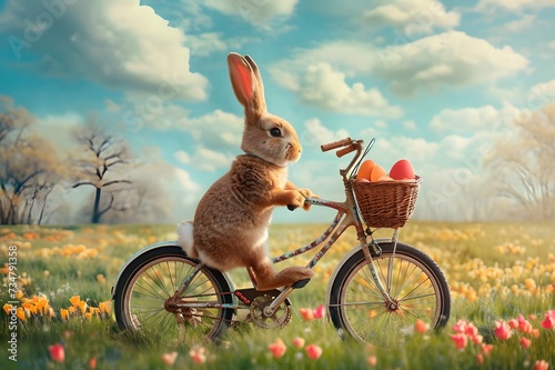 Cute Easter Bunny on a decorated bicycle is ridi