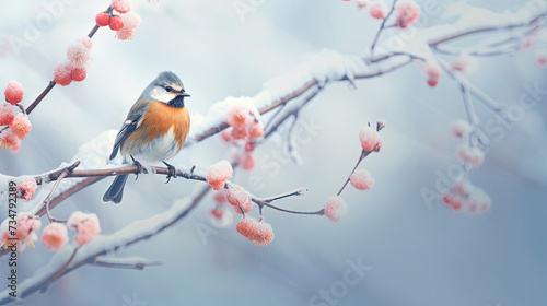small colorful bird perched on a persimmon tree branch covered in contrasting icy colors and large soft fruits created with Generative AI Technology