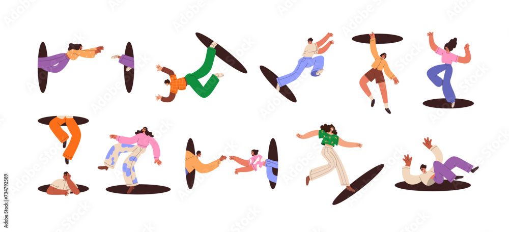 People jumping through portals, teleporting. Characters flying, entering abstract hole, entrance and exit. Teleportation, breakthrough concept. Flat vector illustrations isolated on white background