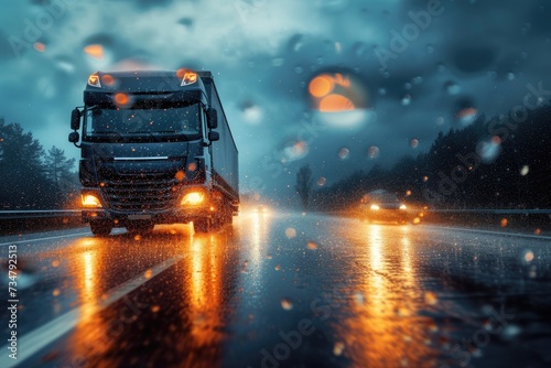 Nighttime scene of a tanker truck braving the heavy rain on the highway during a stormy night