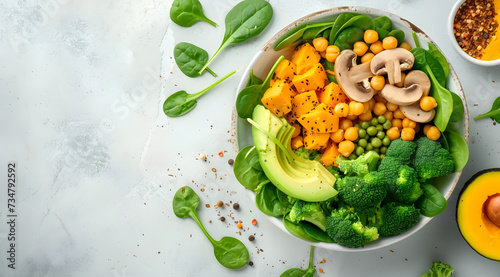 healthy vegan lunch bowl with Avocado, mushrooms, broccoli, spinach, chickpeas, pumpkin on a light background. vegetables salad. Top view. photo