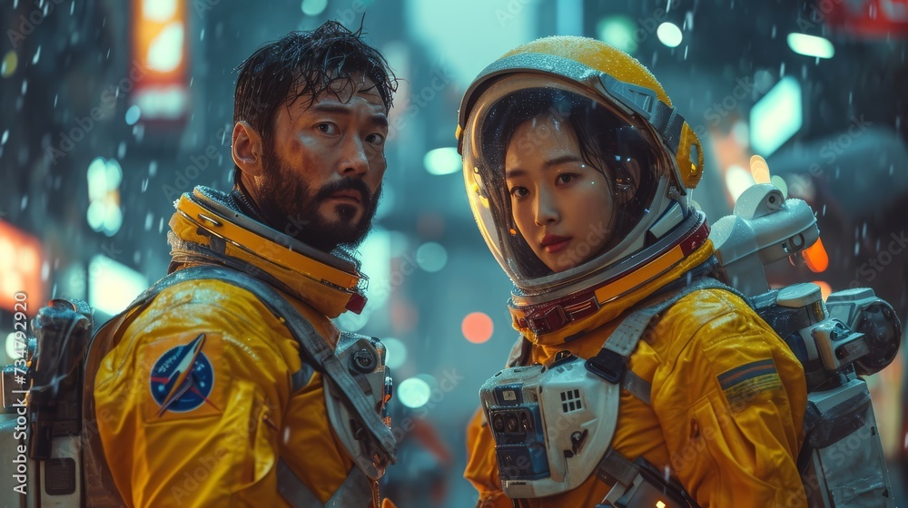 Korean man and woman wearing spacesuit standing in the spaceship, Generative AI