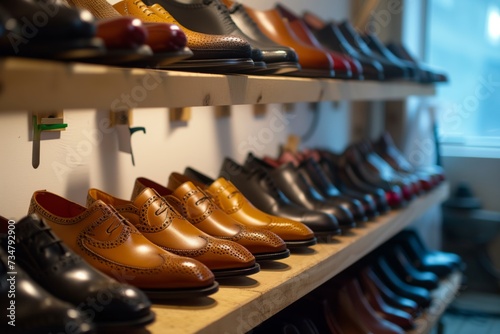 arranging handcrafted shoes on a shelf, welllit workshop