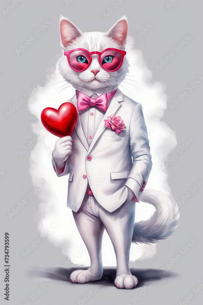 A dressed up white cat with blue eyes, wearing a pink glasses and holding a red heart.