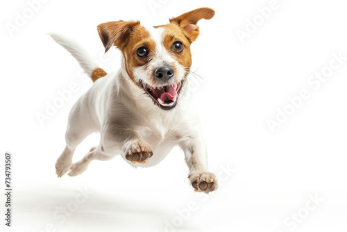 young dog is posing. Banner. Cute playful doggy or pet is playing isolated on white background. Concept of motion, action, movement. place for text.