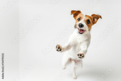 young dog is posing. Banner. Cute playful doggy or pet is playing isolated on white background. Concept of motion, action, movement. place for text.