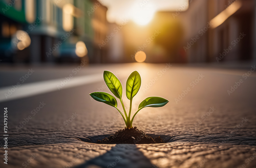 a small green sprout grows through the asphalt in a big city. Earth Day. an environmental problem. pollution of the urban environment. a small green sprout grows through the asphalt in a big city. Earth Day. an environmental problem. pollution of the urban environment.