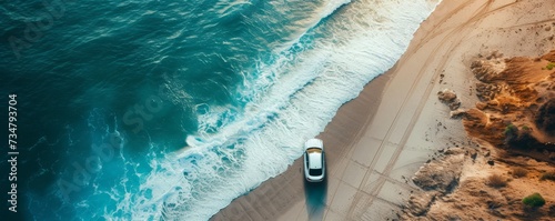 Aerial top view of luxury car on the beach coast, banner with copy space, Generative AI © SOLO PLAYER
