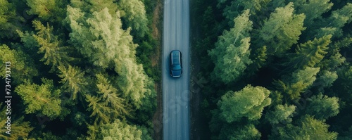 Aerial top view of luxury car on the road in the mountain, forest, hills, banner with copy space, Generative AI © SOLO PLAYER