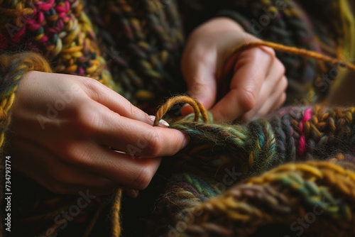 knitters hands focusing on interlocking wool loops photo