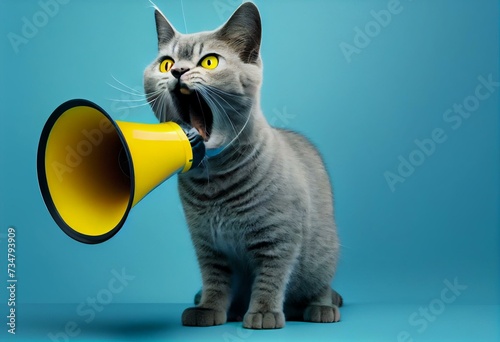 Funny grey cat screams with a yellow loudspeaker on a blue background, creative idea. Fun pet kitten speaks into a megaphone. Management and advertising, concept. Generative AI