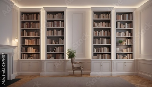 Classic style white wooden bookshelves on the two sides of a wall, chair in the middle, fireplace on the left