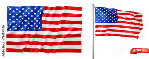 Vector realistic illustration of the United States of America flags on a white background.