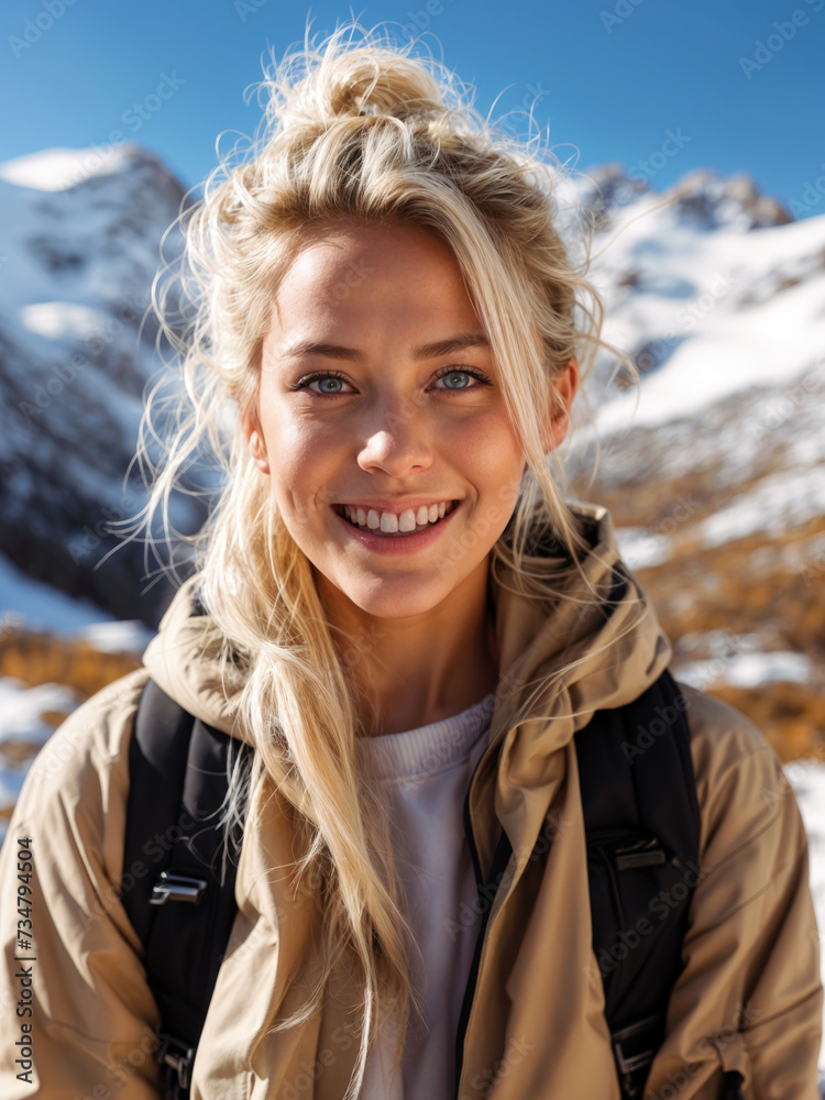 Woman with blonde hair and a backpack is smiling in front of snow-covered mountains. Concept of hiking in the mountains