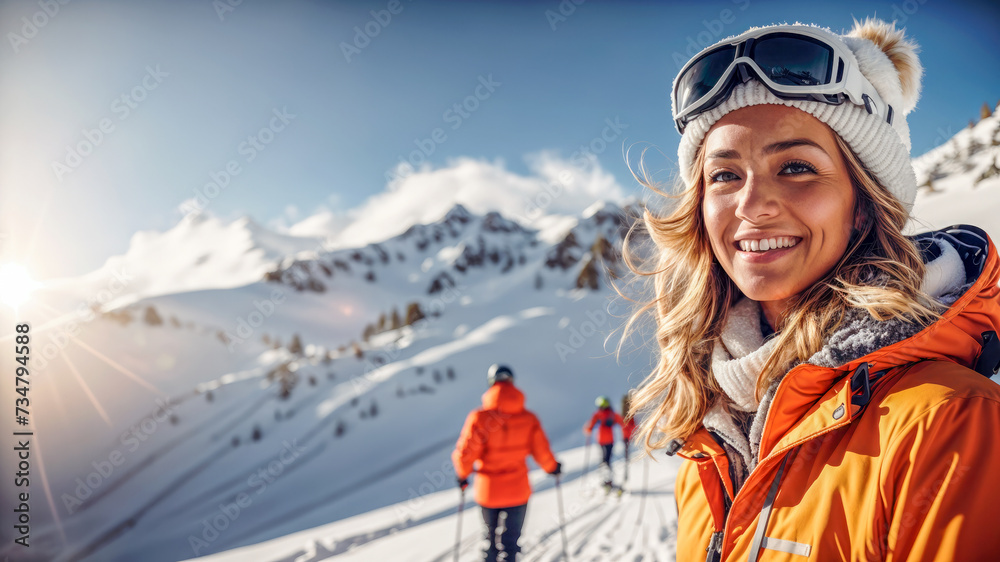 Woman in ski gear stands on a snowy mountain, smiling at the camera.
