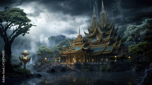 asian fantasy dark palace looping video of horor mansion with big tree and dark river yellow lantern dark opening video animation architecture photo