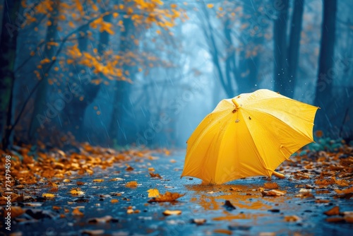 Open yellow umbrella capturing raindrops  providing a cheerful contrast to the gray backdrop of a rainy day.