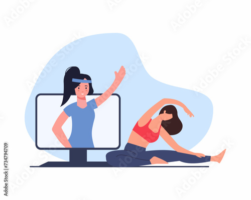 Yoga online course Yoga coach giving online yoga classes at home by video call on computer virtual exercise.