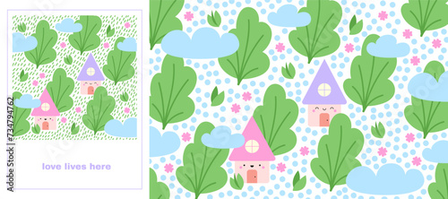 Set of cute houses kawaii illustration landscape posters in pastel colors. Happy cartoon style art for card, sticker, poster designs