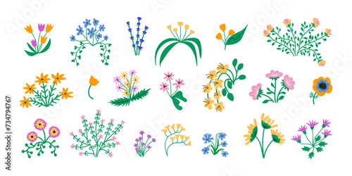 Flowers with leaves  bouquet clipart set  simple hand drawn doodle illustrations  modern colorful vector illustrations of abstract florals isolated on white background