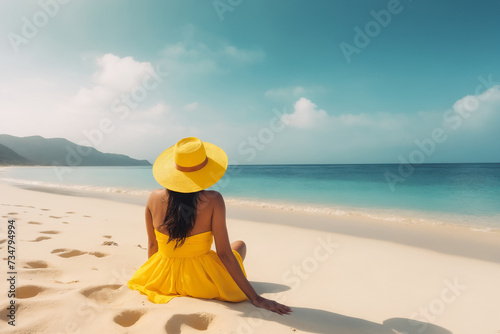 Happy carefree woman relaxing sitting in sand enjoying tropical beach destination.