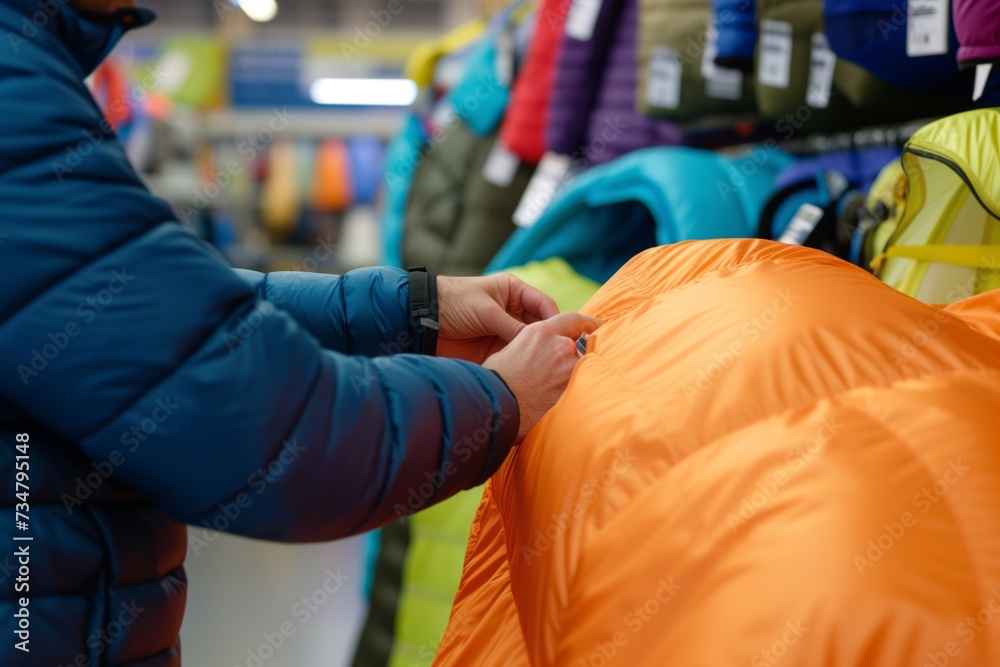 person testing a sleeping bag instore