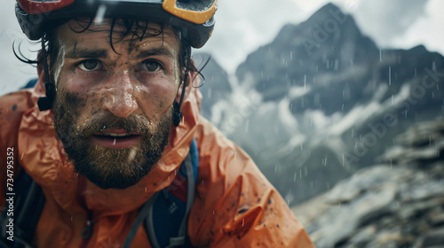 Face of a cyclist during an extreme mountain ride.