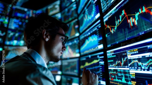 Giovane professionista immerso nel trading online, circondato da più schermi che mostrano grafici finanziari, dati e notizie in tempo reale