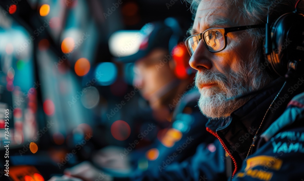 Formula One team members intently watching monitors at the track side, analyzing live race data, Generative AI