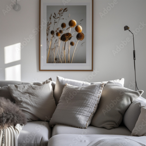 a grey couch next to a picture of a flower and text, in the style of otto müller, minimalist style, detailed wildlife, dom qwek, joyful, light white, dansaekhwa  photo