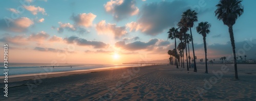 Venice beach, California, United States in the morning sunrise, banner with copy space, Generative AI