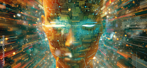 Futuristic AI Head and Brain Network: Synapses Code in Cyberspace.