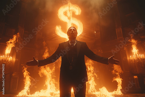 Close-up of a businessman in a suit with a flaming dollar sign on a dark background. Concept of volute, deposits and loans. photo