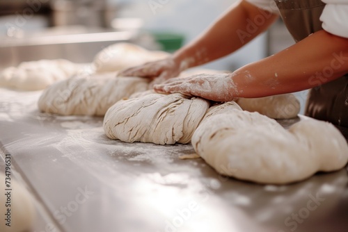 person shaping dough into loaves on a stainless steel table
