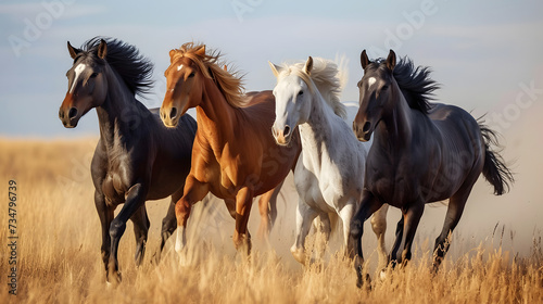 Majestic Horses Running Free in Golden Field Countryside Equestrian Beauty © HappyKris